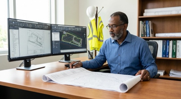 Civil engineer reviewing CAD site plans and engineering drawings, 2025